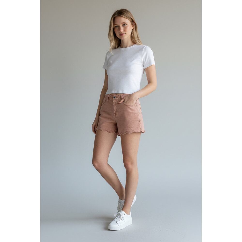 Harper Heritage Jean Shorts Scalloped Frayed Hem Mid Rise Size 28 Pink Denim